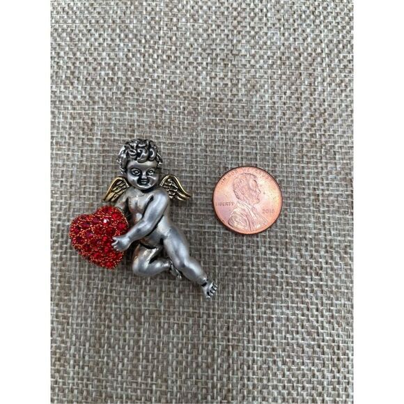 Valentines Bundle of 2 Brooches Silver Angel and Red Clay Heart - Picture 4 of 7